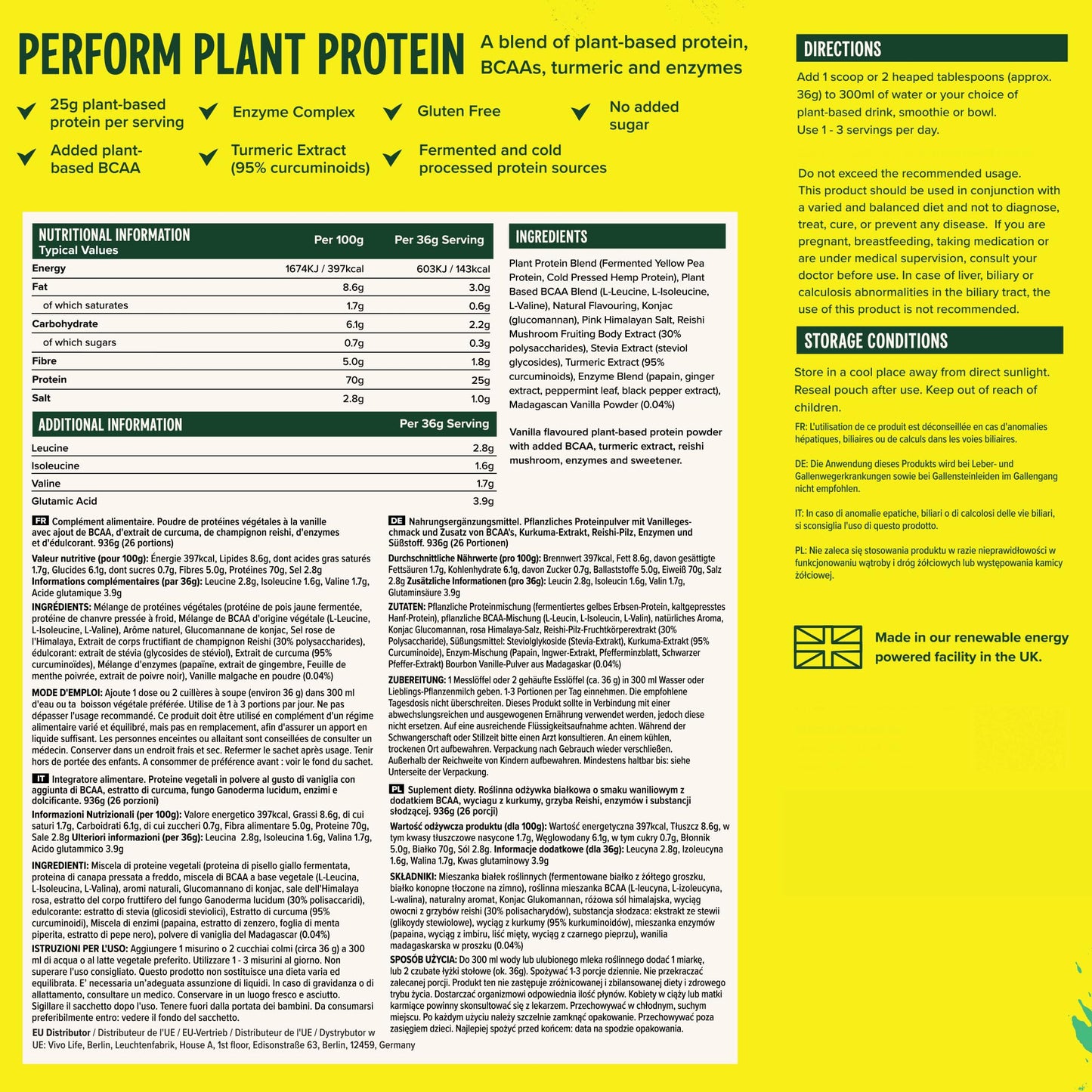 VIVO Life Perform - Raw Vegan Madagascan Vanilla Protein Powder | Pea & Hemp Protein Blend with BCAA | Gluten & Soy Free Protein Shake (33 oz)