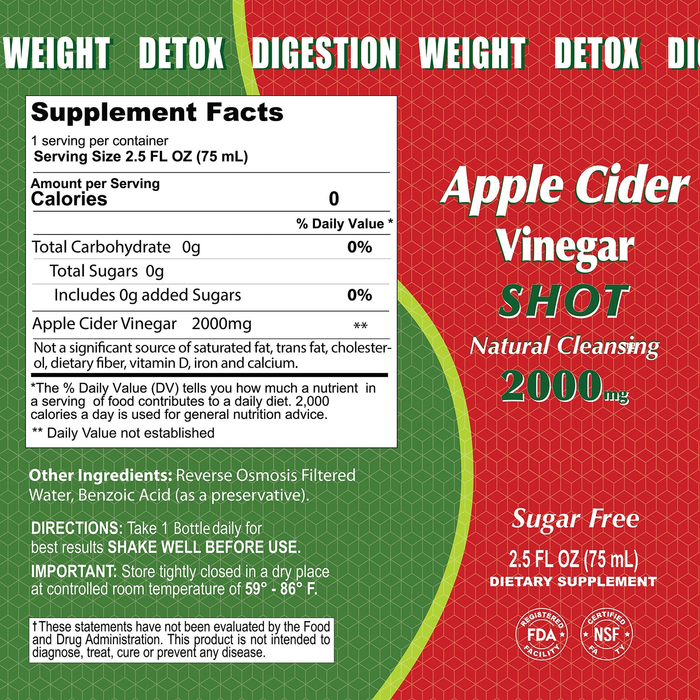 ALFA VITAMINS Apple Cider Vinegar Shot 2000 MG, Sugar-Free, Natural Cleansing, Digestion, Detox, Immune, Appetite Suppressant Natural Flavor (2.5 FL OZ Bottle) 20 Pack