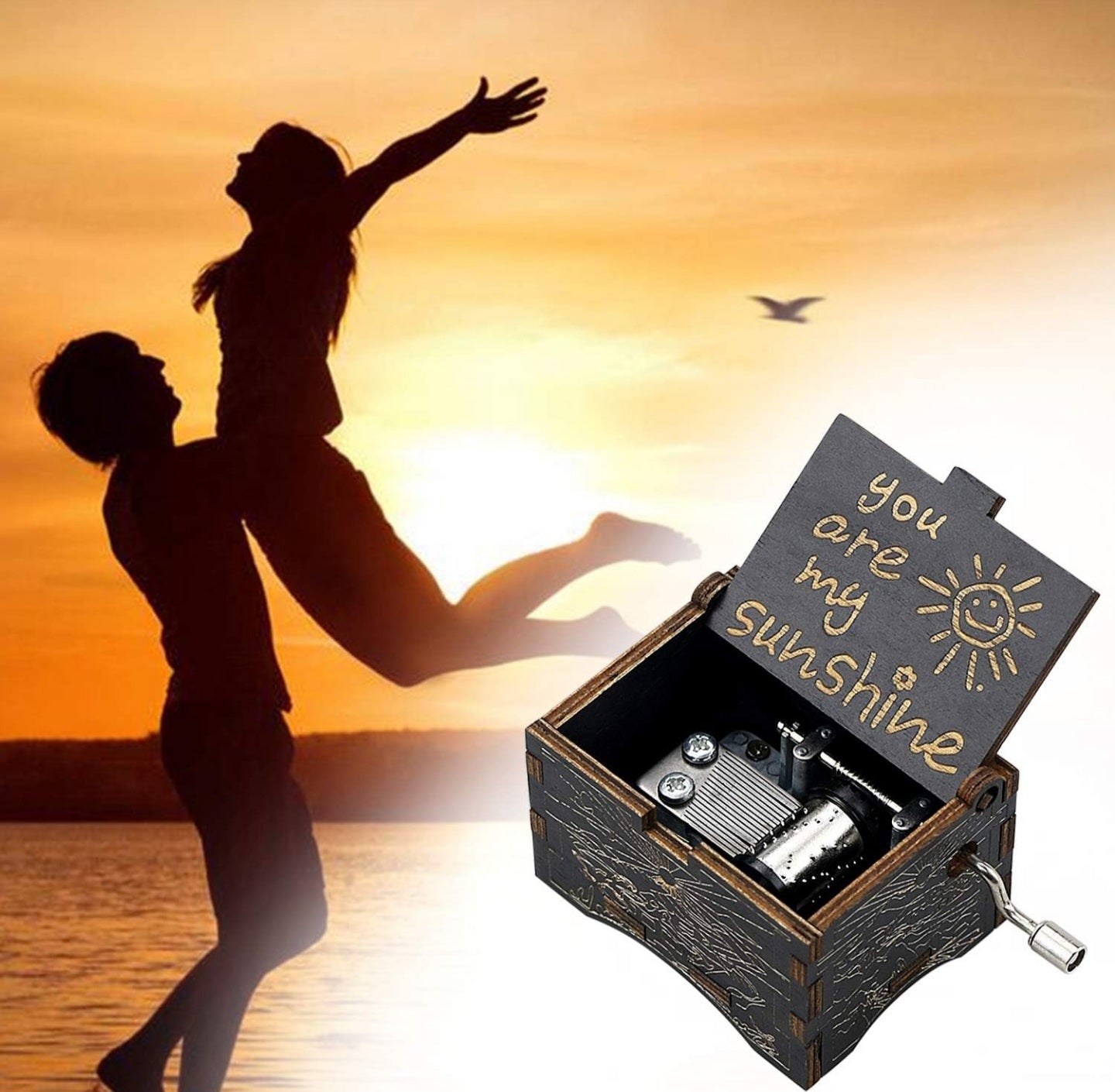 uwows Vintage Wood Hand Crank Music Box You are My Sunshine Gift for Familier Lover Birthday/Christmas/Valentine's Day (Black-You are my SunShine)