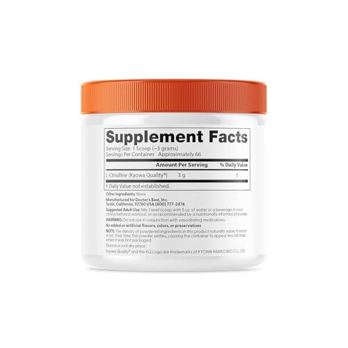 Doctors Best L-Citrulline Powder (Kyowa Quality), Supports Circulatory Health, Non-GMO, Gluten Free, Soy Free, Vegan Net Wt. 7 oz (200 Grams)