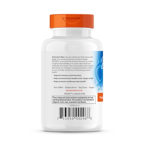 Doctors Best Vegan DHA from Algae, Supports Brain & Cardiovascular Health, Non-GMO, Gluten Free, Soy Free, Vegan 60 Veggie Softgels