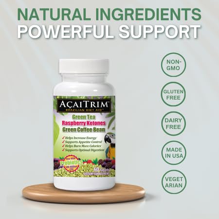 AcaiTrim- Weight Loss Supplement- Green Tea Extract, Green Coffee Bean Extract, Raspberry Ketones, Acai, & Probiotics - Supports Metabolism & Energy for Men & Women- 60 Acai Berry Capsules
