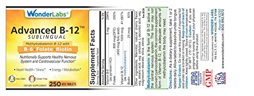 Wonder Laboratories Sublingual Vitamin B12 (1000 mcg), B6 (5mg), Folic Acid(400 mcg) & Biotin (25mcg) - Formulated with Methylcobalamin Vitamin B-12 (250 Tablets)