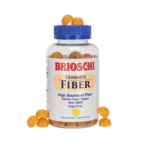 Brioschi Fiber Gummies Lemon Flavored, Gluten-Free Vegan Non-GMO Gelatin-Free, High Source of Fiber, Sugar-Free, 120 Count