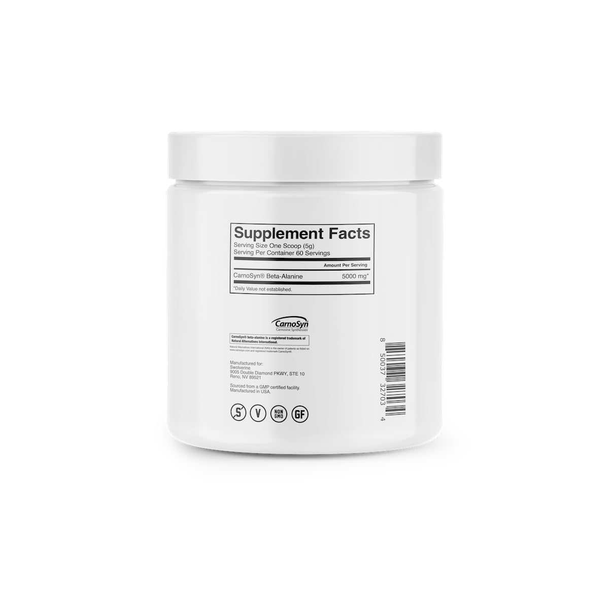 Swolverine Beta-Alanine | CarnoSyn, Instant-Release Amino-Acid, Delays Muscle Fatigue, Increases Muscular Endurance, Unflavored, 5g Per Serving, 300g (60 Servings)