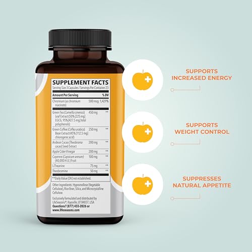LifeSeasons Metabolism - Weight Control Support & Energy Boosting Supplement - Natural Appetite Suppressant - Curbs Cravings - Green Tea, Coffee Bean, Chromium, Cacao & Theobromine - 70 Capsules