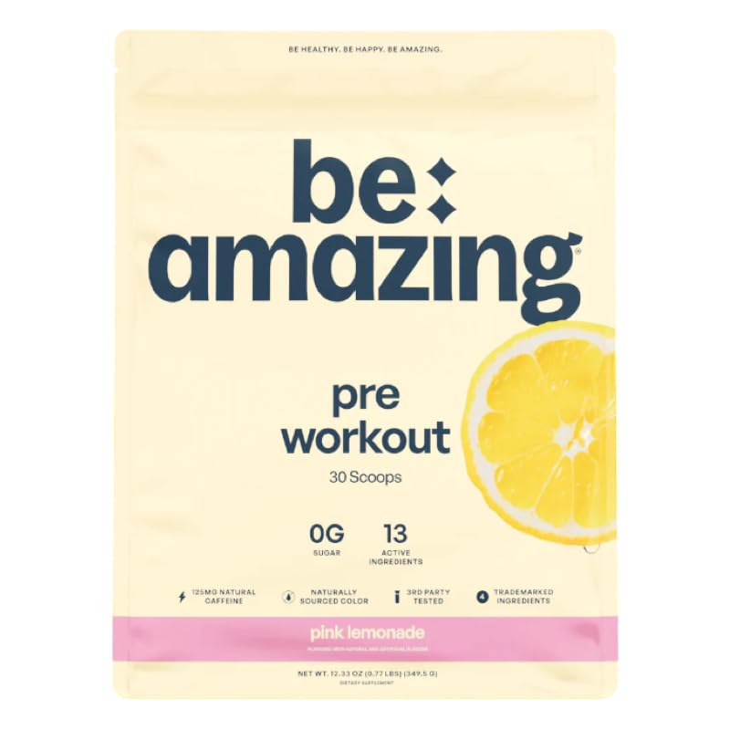 Be Amazing Vegan Pre-Workout Powder | Energy Booster Powdered Drink with All-Natural Caffeine, No Crash, No Jitters | Supplement with Adaptogens for Men and Women | Pink Lemonade, 40 Scoops