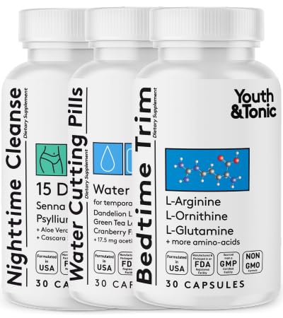 Youth & Tonic Sculpt Lean Cleanse - Feel Lighter & More Toned, Water Weight & Bloating Relief, Detox & Fluid Loss Support - Bedtime Trim, 15 Day Colon Cleanser, 90 Pills for Metabolism & Defined Body