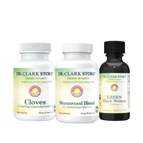 Dr. Clark Store Intestine Support & Cleanse Kit - with Original Green Tincture from Black Walnut Hulls, Wormwood, and Cloves-Helps Maintain Optimum Intestinal Function - Vegetarian Capsules
