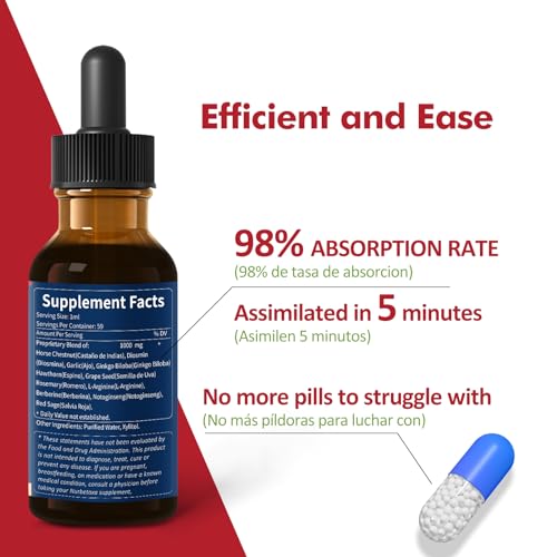 Nurbetoxa Blood Circulation Horse Chestnut Extract Liquid Drops, Castaño de Indias y Diosmina para la Circulacion y Varices, Nitric Oxide Supplement for Blood Flow, Pressure & Heart Health.2 oz