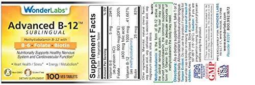 Wonder Laboratories Sublingual Vitamin B12 (1000 mcg), B6 (5mg), Folic Acid(400 mcg) & Biotin (25mcg) - Formulated with Methylcobalamin Vitamin B-12 (100 Tablets)