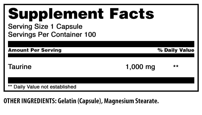 Amazing Formulas Taurine Amino Acid Supplement | 1000 Mg per Serving | 100 Capsules | Non-GMO | Gluten-Free | Made in USA