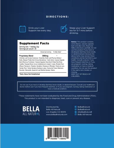 Bella All Natural Liver Detox Drink - Liver Cleanse Detox & Repair Tea with Blessed Thistle Herb, Artichoke Extract, Dandelion Root, 30 bags