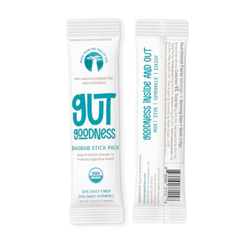 Gut Goodness Organic Prebiotic Baobab Powder Stick Packs - Daily Fiber, Digestive Health, Energy & Recovery - Nutrient-Rich - Vitamin, Dietary Fiber