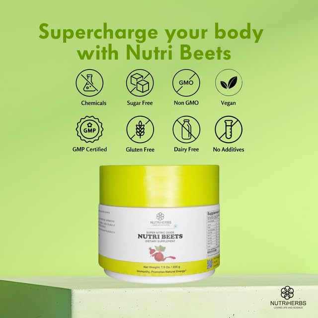 Super Nitric Oxide Nutri Beets - 225g | Organic Beet Root Powder, Pomegranate & Red Spinach for Heart Health, Energy & Blood Pressure Support | Cardiovascular Booster | 30 Servings