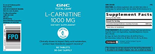 GNC Total Lean L-Carnitine 1000mg, 60 Tablets, Supports Recovery and Lean Muscle Growth