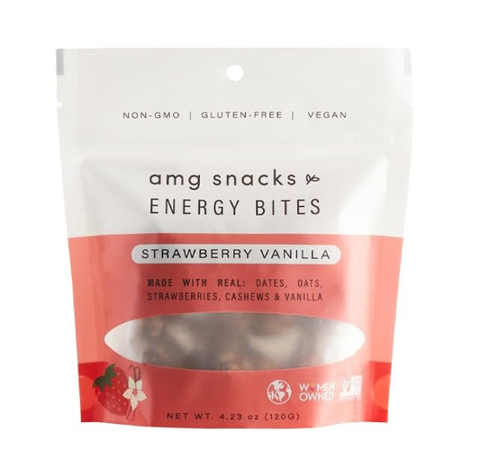 AMG Snacks Strawberry Vanilla Energy Bites | 4.3 oz, Pack of 6 (72 Bites Total) | Date and Nut Energy Snacks Protein Bars | Non GMO, Gluten Free, Vegan Protein Bites | Made with All Natural Ingredient