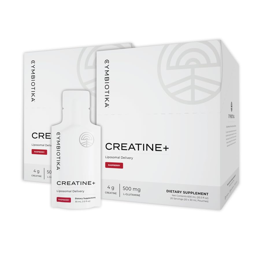 CYMBIOTIKA Creatine+, Creatine and Glutamine Supplement for Amino Energy, Recovery, Muscle Mass & Brain Support, Liposomal Delivery, Gluten Free & Vegan, Raspberry Flavor, 30mL, 2pck (2)