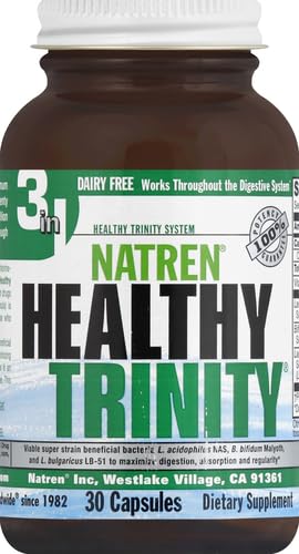 Natren Healthy Trinity Probiotics Supplement - 30 Dairy and Gluten Free Gel Capsules - Improve Gut and Digestive Health, 30 Billion CFU - Lactobacillus Acidophilus, Bifidobacterium, Bulgaricus