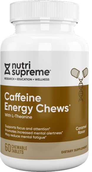Nutri-Supreme Research Caffeine Energy Chews with L-Theanine - Caramel Flavor - 60 Chewable Tablets