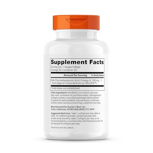 Doctors Best Vegan DHA from Algae, Supports Brain & Cardiovascular Health, Non-GMO, Gluten Free, Soy Free, Vegan 60 Veggie Softgels