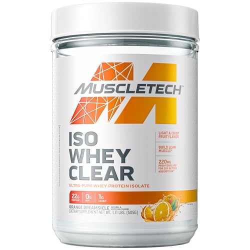 Whey Protein Powder MuscleTech Clear Whey Protein Isolate Whey Isolate Protein Powder for Women & Men Clear Protein Drink 22g of Protein, 90 Calories Orange Dreamsicle, 1.1lb (19 Servings)