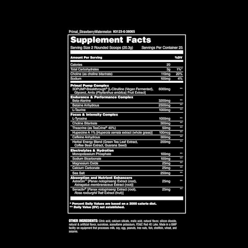 Animal Primal Muscle Hydration + Preworkout Powder - Contains Beta Alanine, 3DPump, Caffeine & Electrolytes - Improves Energy, Focus, Endurance & Absorption - Strawberry Watermelon Flavor, 17.9 oz