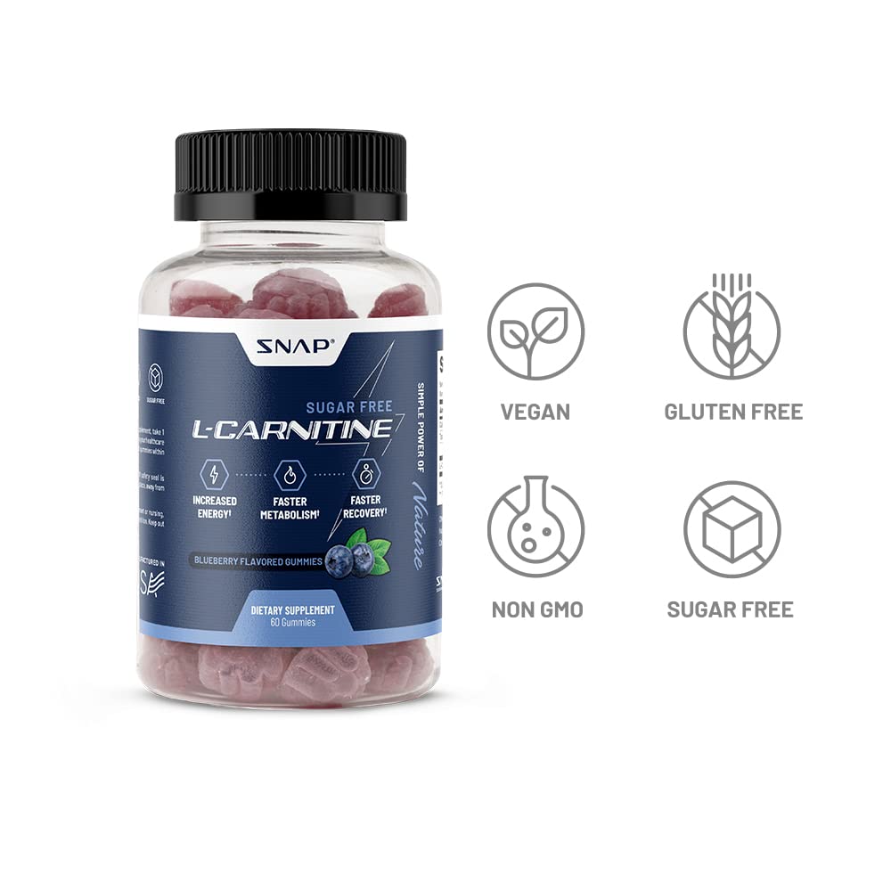 Sugar Free L Carnitine 500mg Gummy - Natural Pre Workout L-Carnitine Supplement - Increased Energy, Faster Recovery, Boost Metabolism, Pre Workout for Women & Men, Blueberry Flavor (60 Gummies)