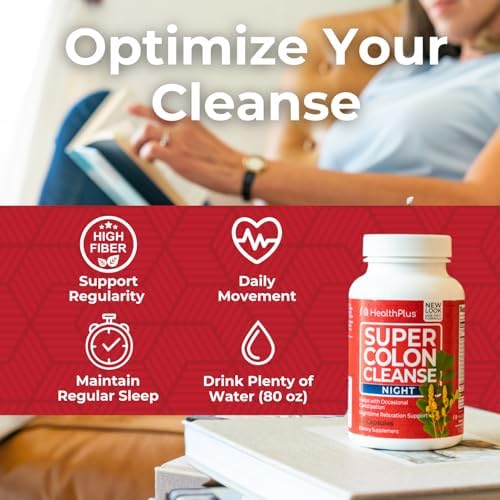 Health Plus Super Colon Cleanse Night Formula Digestive Support | Constipation Relief to Reduce Bloating with Probiotics and Valerian Root for Sleep | More than 1 Cleanse, 60 Capsules