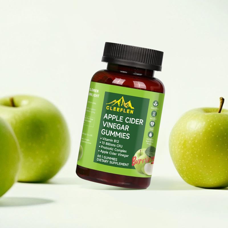 CLEEFLEN Apple Cider Vinegar Gummies, with Vitamin B12 and Probiotics, Supports Digestive Health, Detox Cleanse, Immune Boost, Gluten-Free, Suitable for Vegetarians [60 Gummies]