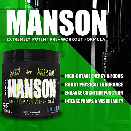DARK METAL Inc Manson High Stim Pre Workout Powder, Energy Focus Strength, Loaded with Beta Alanine L Carnitine Caffeine Infinergy, 35 Srvgs, Mixed Berry