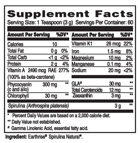 Earthrise Spirulina Natural 6.4oz Powder, Natural Premium Spirulina from California- Vegan, Gluten Free, Keto Friendly, Non -GMO Super Food high in Vitamins & Minerals.