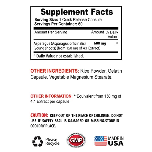 Diuretic Pills - Asparagus 600 MG - Young Shoots Extract - Premium Dietary Supplement - antioxidant Supplement for Skin - Asparagus Extract, antioxidant Supplement, Asparagus Pills - 2B 120 Capsules