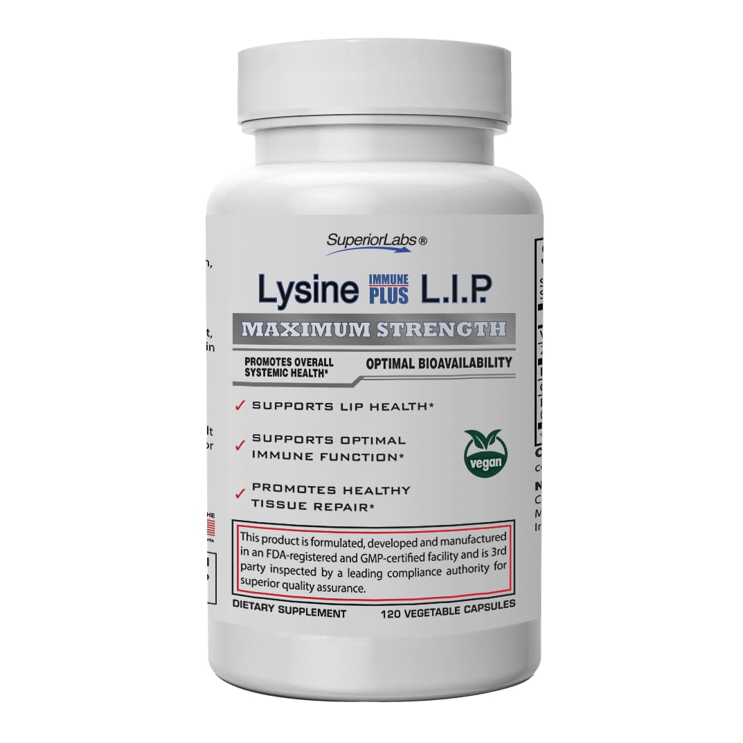 Superior Labs Lysine Immune Plus - Lip. Clinically Proven Lip Health & Support. L-Lysine Bound to HCI for Optimal Stability & Absorption for Fast Results. Bioactive with Zero Harmful Additives