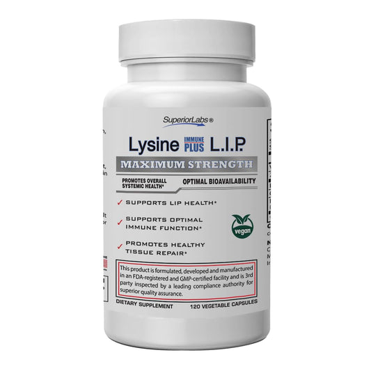 Superior Labs Lysine Immune Plus - Lip. Clinically Proven Lip Health & Support. L-Lysine Bound to HCI for Optimal Stability & Absorption for Fast Results. Bioactive with Zero Harmful Additives