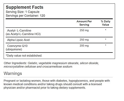 Vitacost Synergy Acetyl L-Carnitine, Alpha Lipoic Acid & CoQ10 -- 120 Capsules