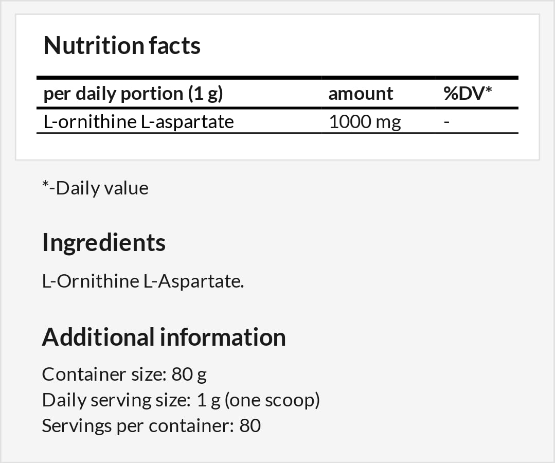 LOLA (L-Ornithine-L-Aspartate) Powder 80g -Mix of Two Amino Acids: Ornithine and L-aspartic Acid 1000 mg per Serving - 80 Servings per Pack - Diet Supplement - by MZ