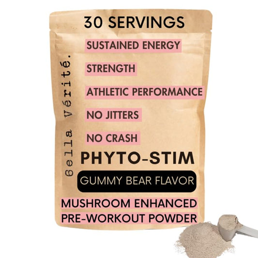 Bella Vérité Phyto Stim - Natural Sports Nutrition Pre Workout Powder - Endurance & Energy Powder with Yerba Mate, Ashwagandha, & Mushroom + 100mg Caffeine - Gummy Bear Flavor (30 Servings)
