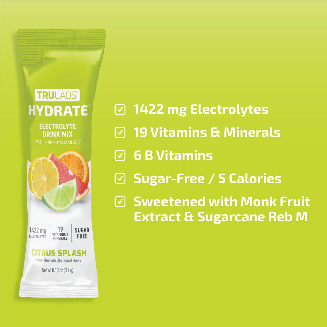TRULABS Hydrate Citrus Splash 6ct. Sugar Free Electrolytes Hydration Packets. Each Serving Contains 1422 mg of Electrolytes &19 Vitamins & Minerals.