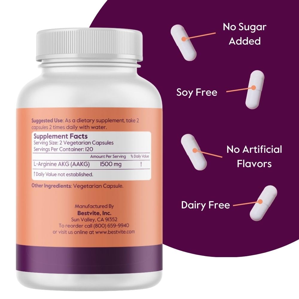 BESTVITE Arginine AKG 750mg (240 Vegetarian Capsules) - No Stearates - Vegan - Non GMO - Gluten Free