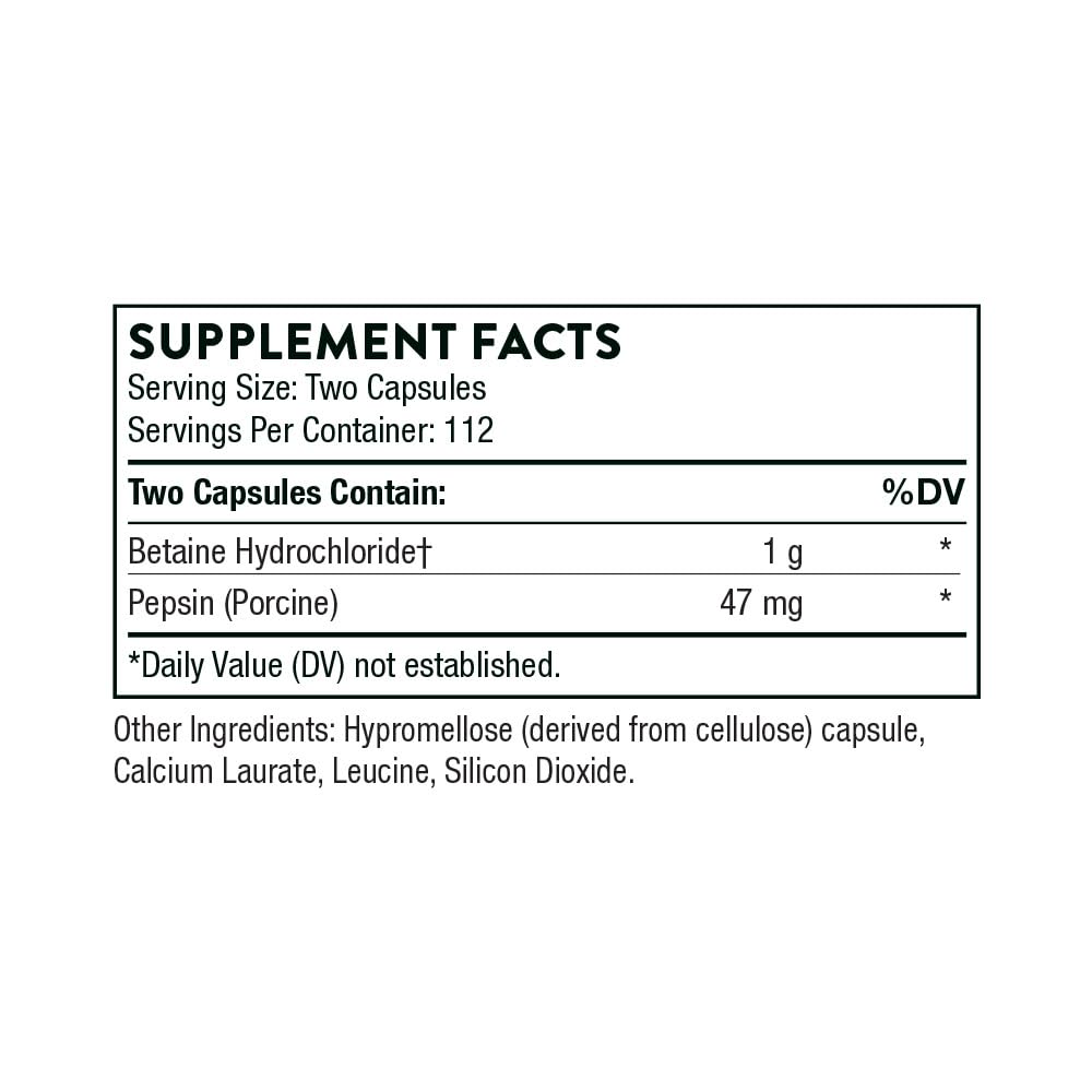 THORNE Betaine HCL & Pepsin - Digestive Enzymes for Protein Breakdown and Absorption* - 225 Capsules