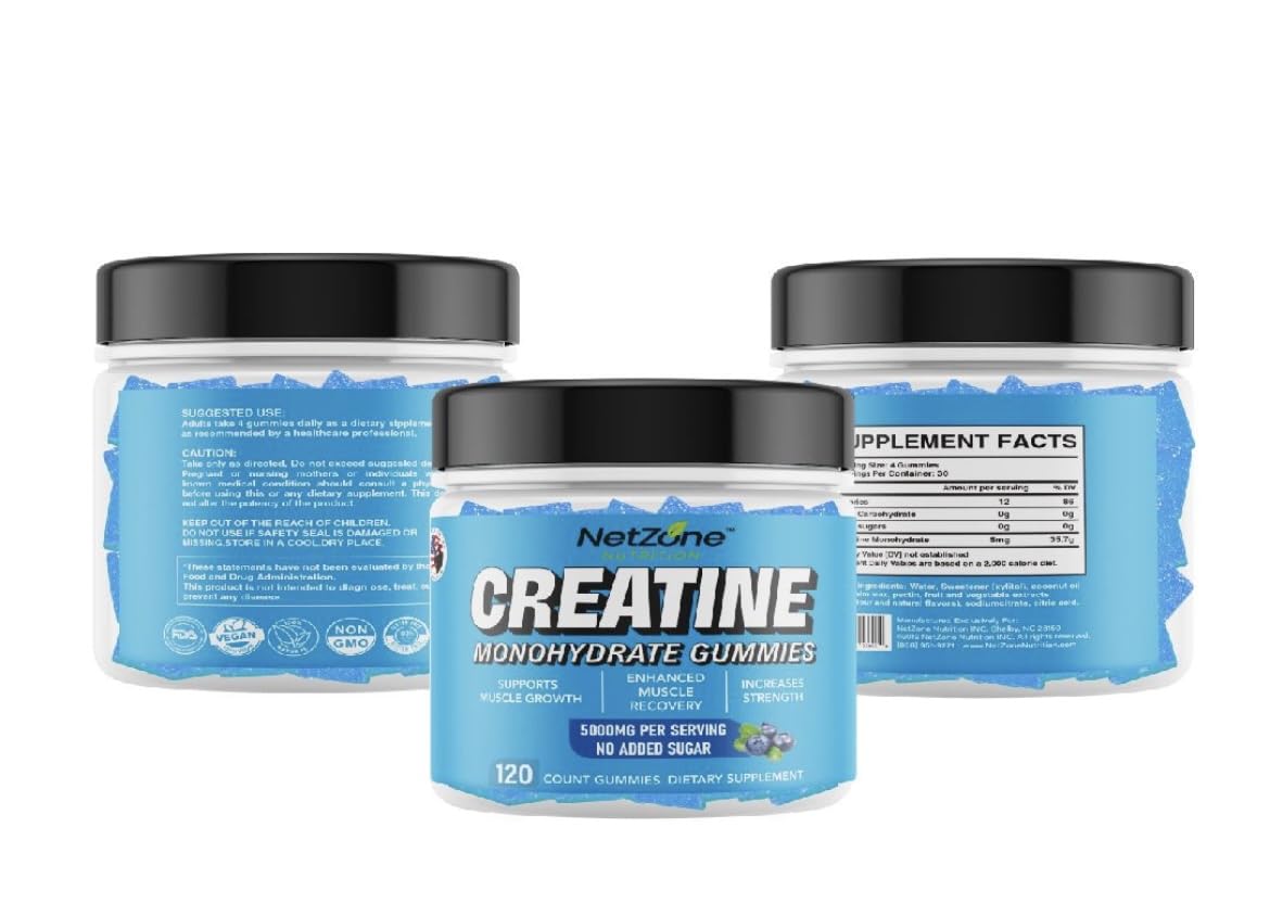 NetZone Nutrition Creatine Monohydrate Gummies for Men & Women-5g of Creatine Monohydrate per Serving- Increase Strength and Build Muscle,Sugar Free,Vegan,Blueberry Flavor, 120 Count
