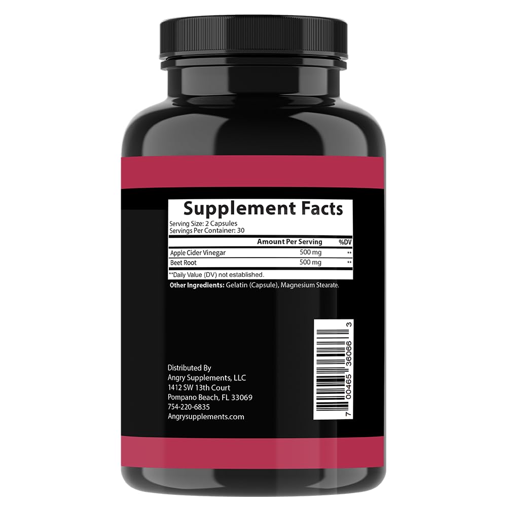 Angry Supplements Apple Cider Vinegar + Beet Root Powder Capsules, Pure ACV Beetroot 1000mg per Serving, Nitric Oxide Booster & Digestive Health for Men and Women 60ct, 2 Pack (120ct Total)