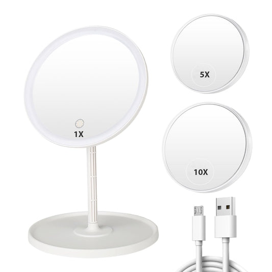 JSONPHX 1X LED Makeup Mirror with 5X and 10X Suction magnifiers, Makeup Mirror with 3 Color Adjustable Brightness Light,Vanity Mirror,USB Rechargeable, White