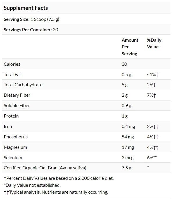 Swanson Certified Organic Oat Bran Fiber 8 Ounce (227 g) Pwdr