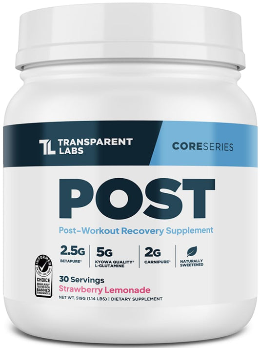 Transparent Labs Post - Post-Workout Recovery Muscle Builder with L-Glutamine, Beta-Alanine and BetaPure Betaine Anhydrous for Muscle Recovery and Muscle Building - 30 Servings, Strawberry Lemonade