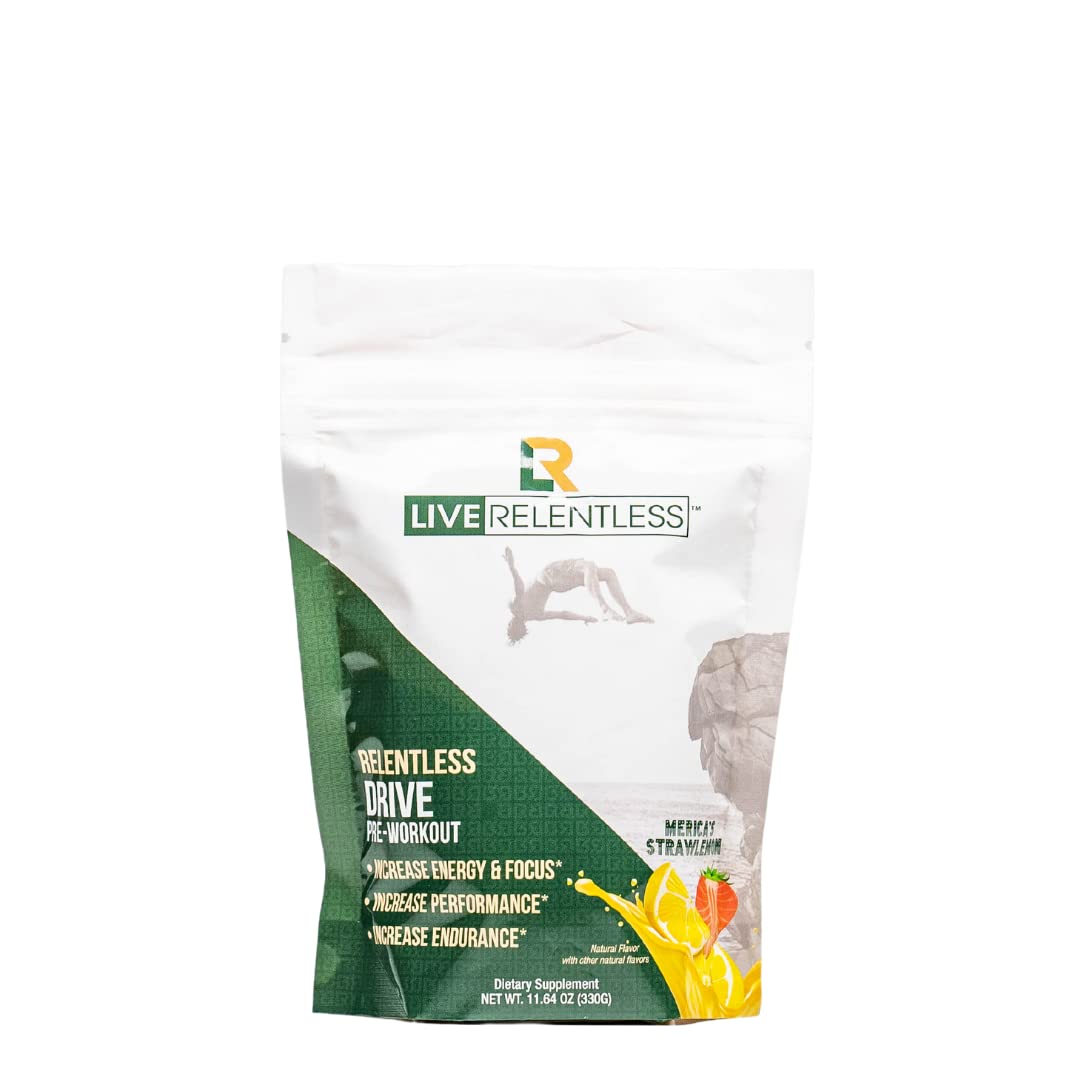 Relentless Live by Tim Kennedy, Drive Pre-Workout, Merica's Strawlemon, 30 Servings, 300mg Caffeine per 2 Scoops, Made in The USA,