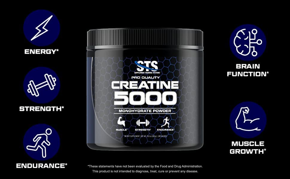 STS Creatine 300 Grams - 100% Pure Raw Creatine Monohydrate Powder, Pre-Workout, Post-Workout, Build Muscle and Stamina - 60 Servings - with Scoop