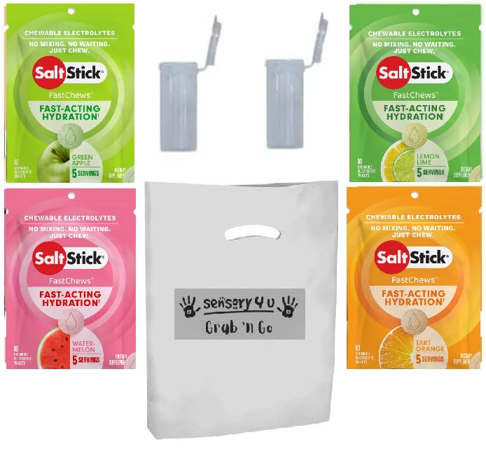 SENSORY4U Grab and Go Gift Set SaltStick with New Fastchews Flavors and Race Ready Tubes - Lemon Lime Orange Green Apple and Watermelon Electrolyte Tablets