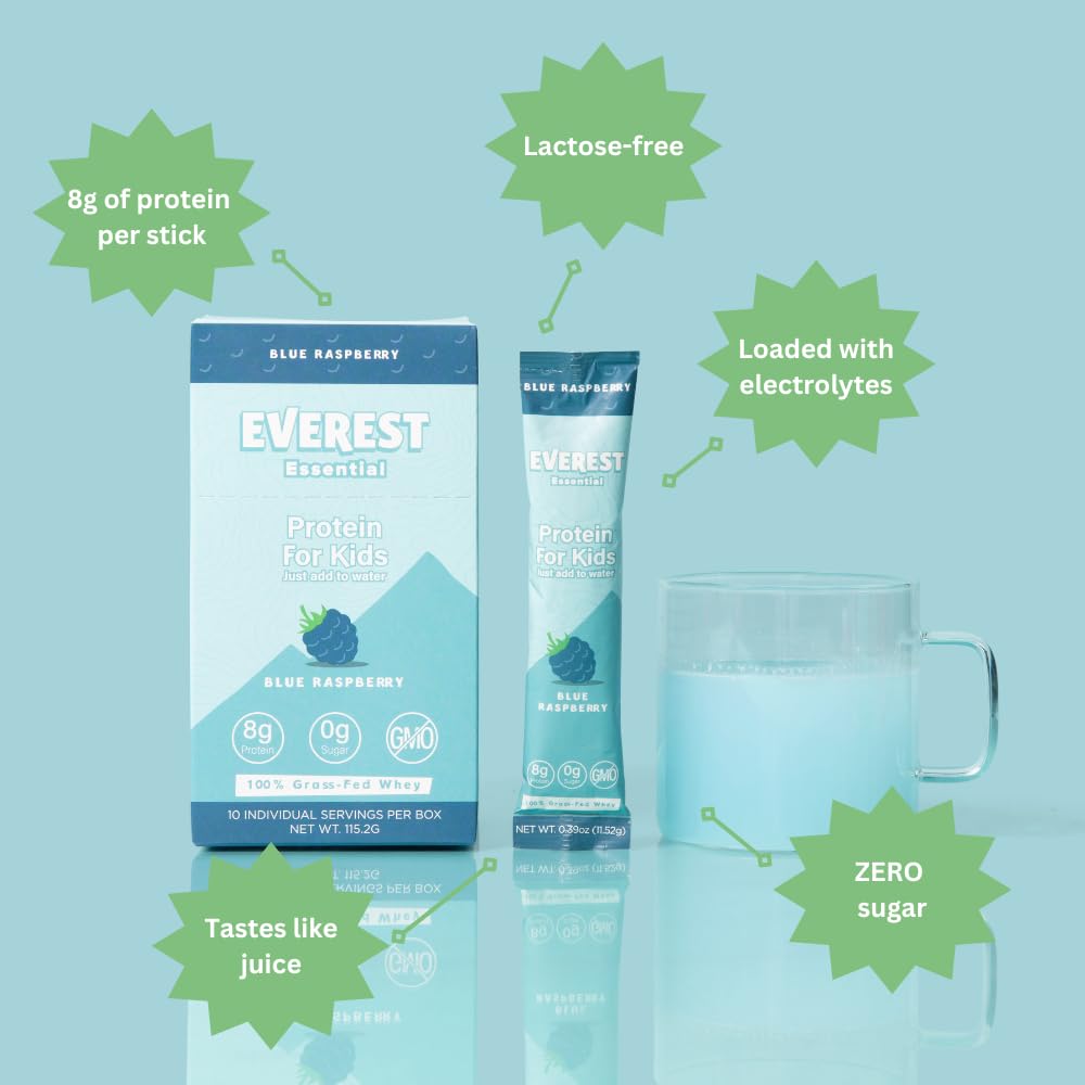 Everest Essential, Kid's Clear Whey Protein Powder (Blue Raspberry, 10 Packets) Protein Drink Mix for Kids, Electrolytes for Kids, 8g Protein Per Serving, Non GMO, Zero Added Sugar